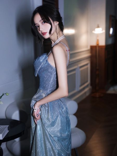 

starry blue evening dresses spaghetti strap shiny sequin bow lace up a line strapless elegant cocktail prom gowns for woman, Black