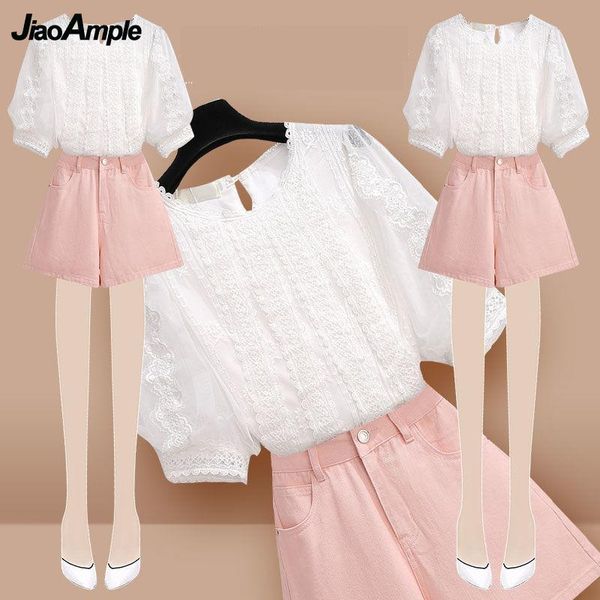 

dress 2022 zomer vrouwen graceful lace shirts hoge taille shorts koreaanse elegante witte blouse tweedelige set dames mode roze outfits, White
