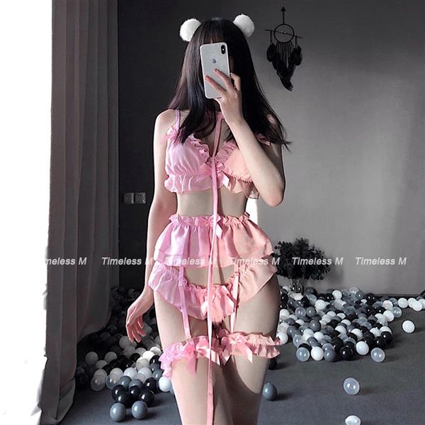 

lingerie cute white ruffles lace ladies kawaii babydoll lolita women set soft girl black pajamas pink cosplay costumes cx2007241y, Red;black