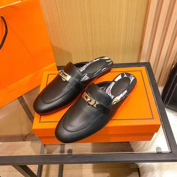

classic h mules sandals slippers women loafers genuine leather sandals luxurious casual shoes horsebit half drag princetown metal chain shoe, Black