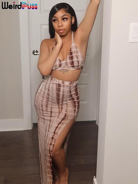 

dress weird puss snake print women 2 piece set halter bandage camisole+split long skirt matching 2022 summer trend streetwear outfits, White