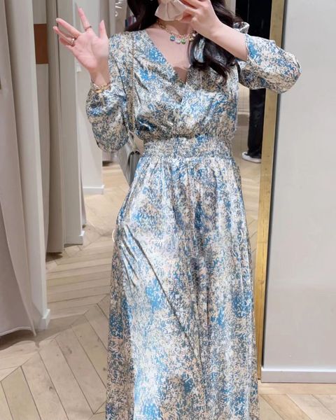 

casual dresses maje v-neck floral dress asymmetric fitted retro long dress for women, Black;gray