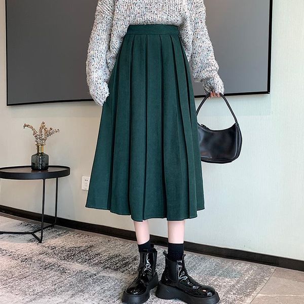 

dresses long skirt women 2022 autumn a line midi green skirt korean style high waist black pleated skirt girls chic spring mujer faldas, White;black