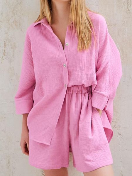 

dress 2 piece sets womens outifits lapel nine cent sleeve cardigan shirt casual solid loose shorts set summer sets womens outfits, White