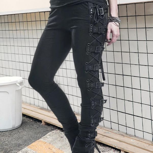 

women's pants drawstring eyelet punk ladies slimfitting high stretch pencil for sports 230419, Black;white