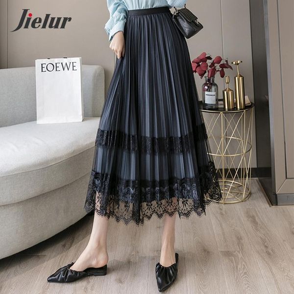 

dresses jielur new lace mesh pleated skirts fashion loose blue high waist skirt female both sides velvet long women's skirt winter, White;black