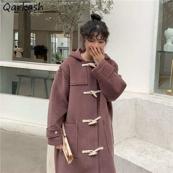 

fur women wool blends korean style horn button elegant hooded preppy girls loose allmatch autumn winter warm cute kawaii casual ins, Black