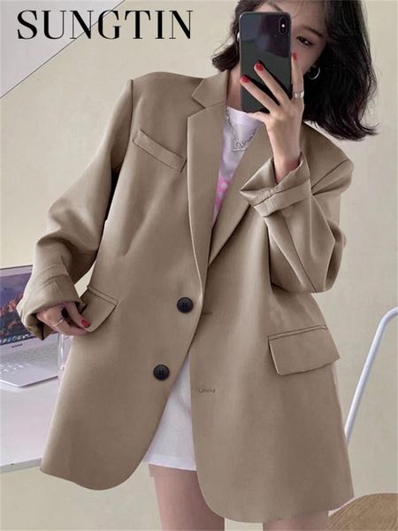 

pants sungtin office lady loose blazer jacket women 2022 spring autumn solid casual blazers female pocket design style chic clothings, White