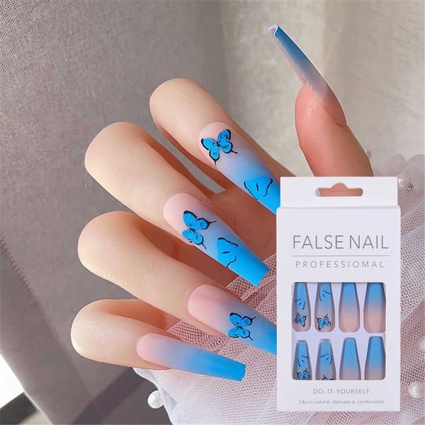 

false nails 24pcs matte frosted artificial fake nails blue butterfly ballet coffin ombre flase nails wear long paragraph manicure patch j230, Red;gold