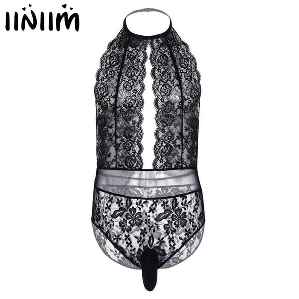 

mens lingerie bodysuit lace see-through crossdress underwear backless cut out sissy gay male pouch jockstraps nightwear254c, Red;black