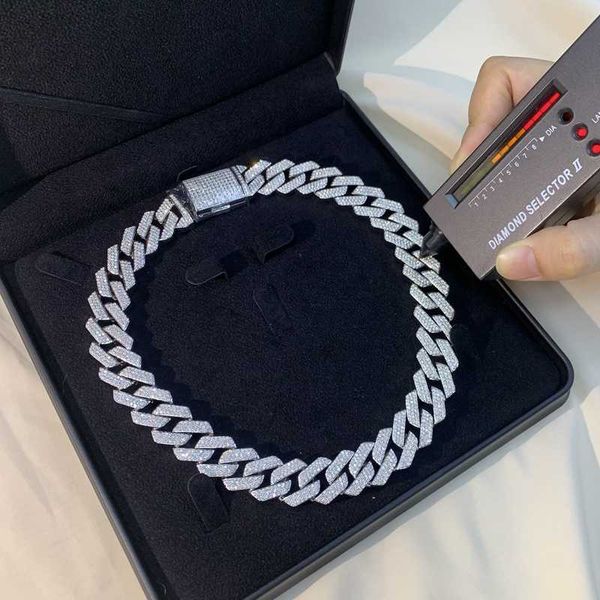 

selling 18mm 18inch round moissanite diamond chain luxury 3 row vvs moissanite 18k gold plated cuban link chain necklace, Silver