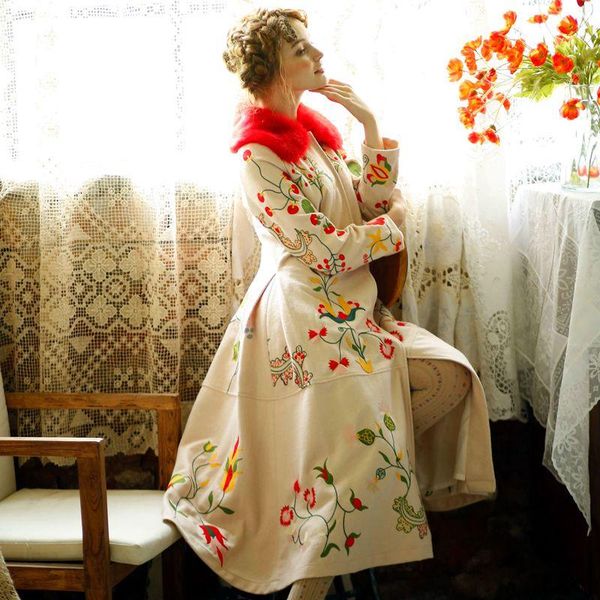 

fur lynette's chinoiserie winter original design women embroidery flowers vintage thin woolen slim overcoat outerwear, Black