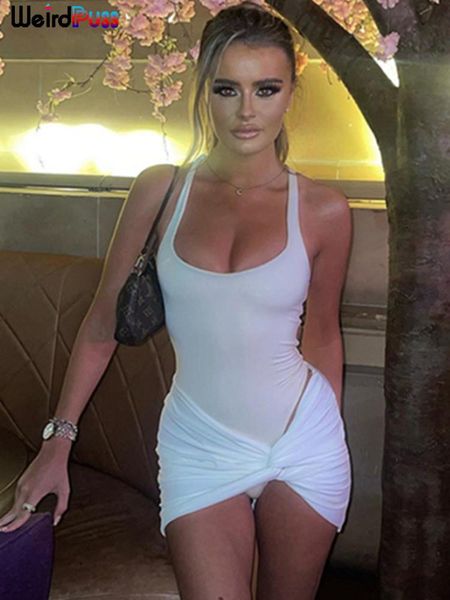 

dress weird puss 2 piece set women sleeveless bodysuit+mesh ruched mini skirt solid matching midnight party stretchy skinny suit, White