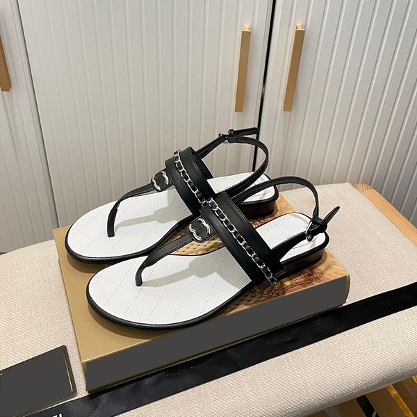 

designer womens sandals flip-flops nail shoes leather chain flat slippers hardware metal letter buckle beach shoes ballet shoes wedge mule f, Black