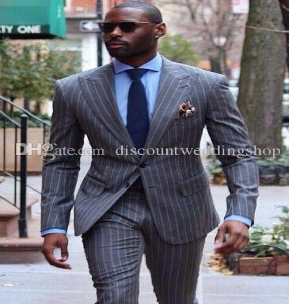 

handsome peak lapel man business suits stripe prom blazer men party coat trousers sets groom tuxedos jacketpantstie k 574712039, Black;gray