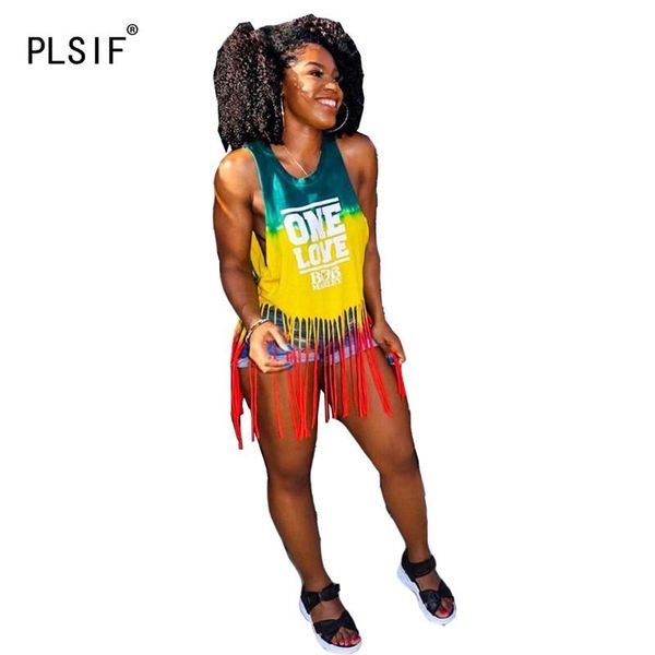 

tanks 2020 new style fashion tassel design tie dye print women tank letters spliced casual trend streetwear, Black;white