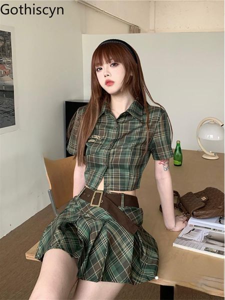 

dress gothiscyn preppy women set crop plaid blouse + mini skirt 2 pieces suit summer new uniform office lady skirt suits elegant sets, White