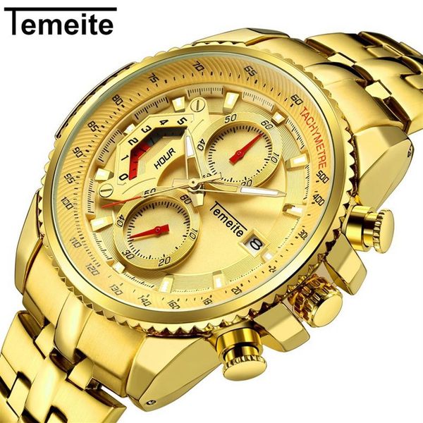 

temeite fully functional men watches brand luxury golden quartz watch waterproof male wristwatch relogio dourado masculino255p, Slivery;brown