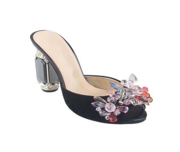 

2021 women genuine real leather rhinestone high heels sandals summer flipflops slipper slipon wedding dress gladiator shoes colo1889042, Black