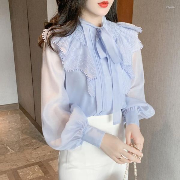 

women's blouses blue white chiffon blouse women bow collar office female lantern sleeved formal transparent