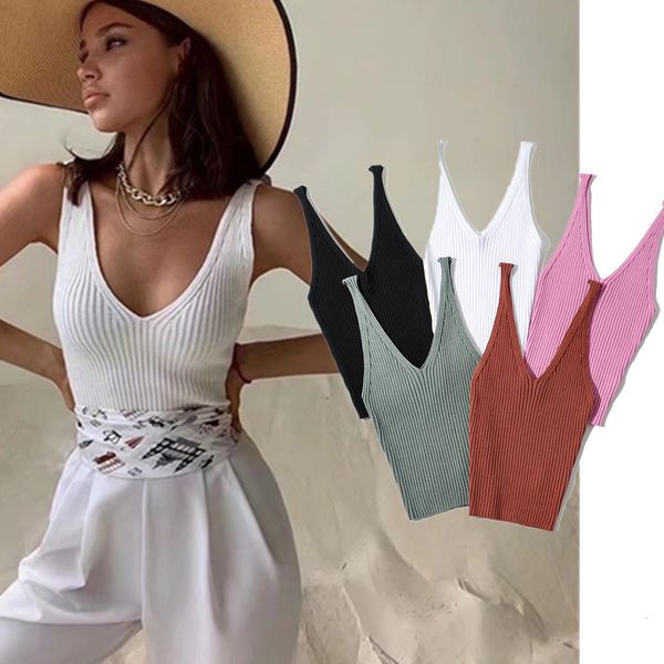 

camisoles tanks maxdutti summer tshirts women ins fashion blogger multicolor v-neck rib knitted camisole short tank tshirts 230421, Black;white