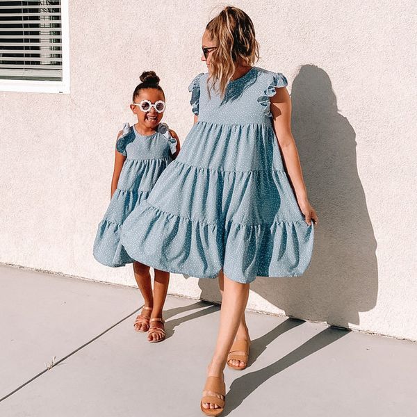 

family matching outfits summer mom and daughter family look polka dot ruffle panel tutu dress mommy and me clothes casual matching family ou, Blue