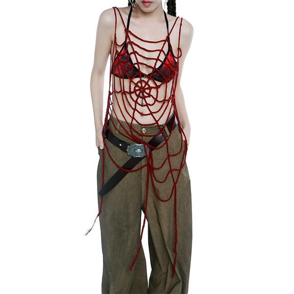 

vests gothic handwoven cobweb camis women tassels long overlapping vest red black punk goth holes knitted pullover vest femme, Black;white