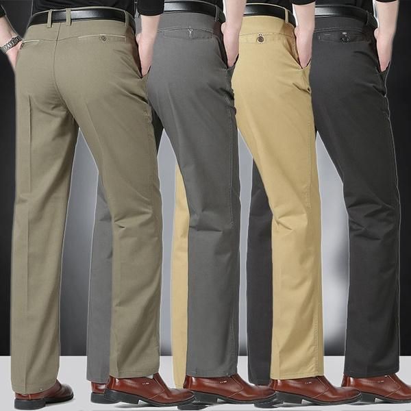 

pants men classic style chino lightweight soft business casual straight pants solid color fashion street wear pantalones, Black