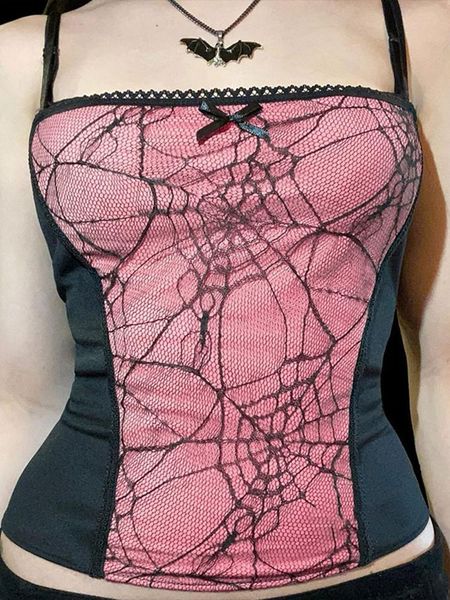 

t-shirt insgoth vintage spider net mesh pink camis goth grunge bodycon backless camisole aesthetic bow patchwork summer basic, White