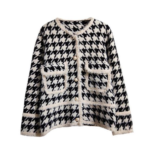 

sweaters houndstooth print cardigan women o neck full sleeve korean sweaters 21 autumn loose elegant chic cardigans female ld2192, White;black