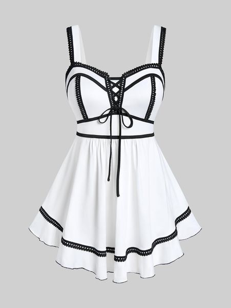 

tanks rosegal sweetheart neck lace up contrast lace trim tank off shoulder long crop flared women's a line skirted vest 4xl, Black;white