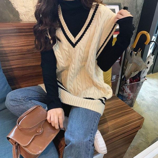 

vests spring autumn women's preppy style vneck knitted sleeveless vest coat sweet women pullovers striped hemp flowers waistcoat cozy, Black;white