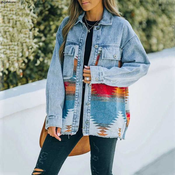

women's jackets casual 2023 autumn winter new aztec lapel pocket denim coat patchwork long sleeve wool retro jacket, Black;brown