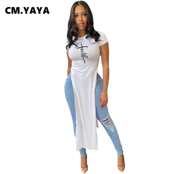 

t-shirt cm.yaya elegant women faith letter high side split short sleeve maxi tee 2022 summer fashion chic classic tshirt, White