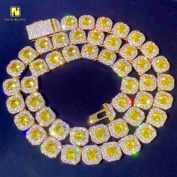 

iced out custom hip hop cuban link chain brass 5a cz 10mm 18k gold plated yellow gemstone cuban necklace bracelets, Silver