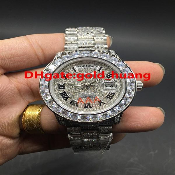 

full diamond day date big bezel luxury watch automatic brand men's watches wristwatch all diamonds band 180821300y, Slivery;brown