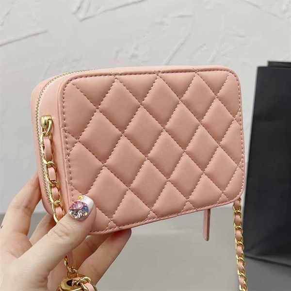 

luxury ladies zip mini cosmetic box bags solid color genuine leather shoulder bag classic handbags gold-tone metal chains ball des281s