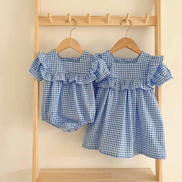 

rompers summer baby girl clothes short sleeve lace flower girls dress cotton baby romper princess dress famil matching sister outfit 230421, Blue