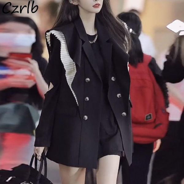 

vests vests women design sleeveless notched double breasted casual patchwork mujer retro harajuku classy autumn ruffles black outwear, Black;white