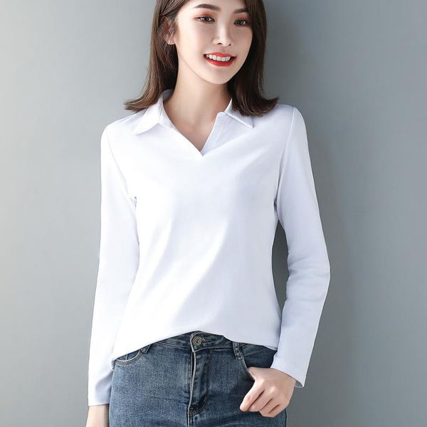 

polos women cotton tshirt solid color lady polos long sleeve autumn winter women's clothings all match female tshirts, White