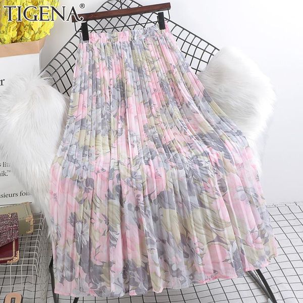 

dresses tigena 2022 summer chiffon maxi skirt women beautiful floral print aesthetic a line high waist pleated long skirt female lady, White;black