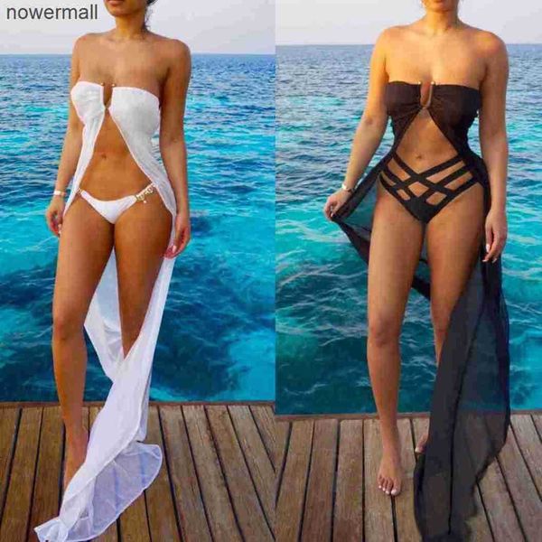 

summer trendy long chiffon bikinis cover up 2017 beach holiday chiffon dress and underwear sutis swimwear new style, White;black