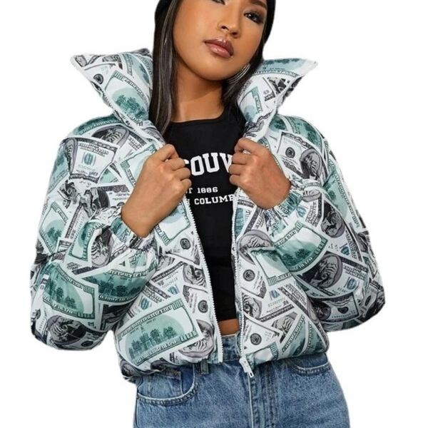 

leather 2022 new printed longsleeved loose cotton coat women's fashion bread coat winter jacket, Black