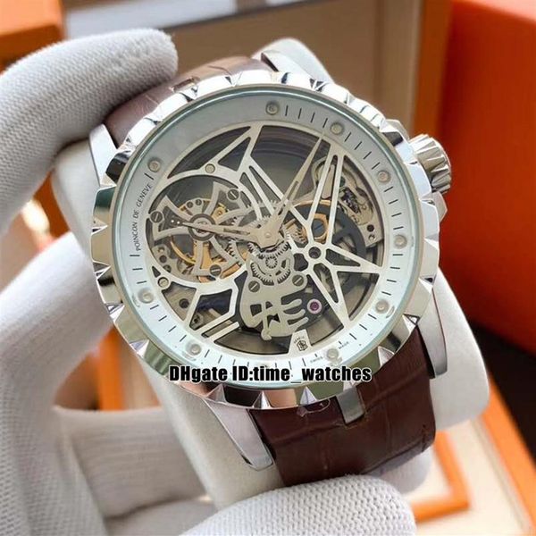 

new style excalibur tourbillon automatic mens watch rddbex0393 skeleton dial high qualit 45mm gents watches silver case brown leat291v, Slivery;brown