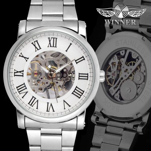 

winner business men mechanical hand wind watches mens fashion casual skeleton dial analog whole wristwatches slzg21305v, Slivery;brown