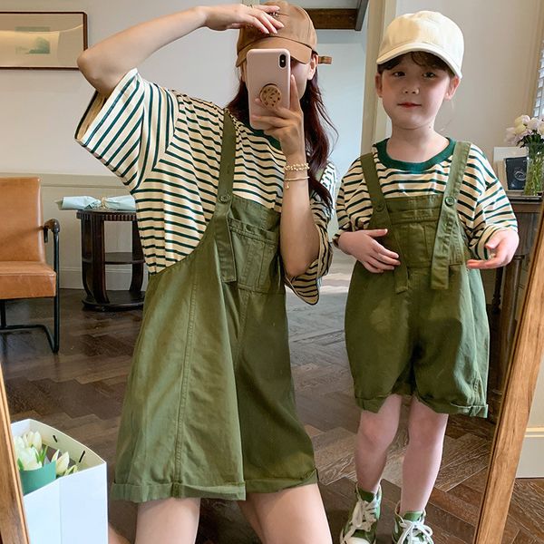 

family matching outfits summer mother 2-12 years daughter mom kids girls women family matching outfits striped short sleeve t-shirt overalls, Blue