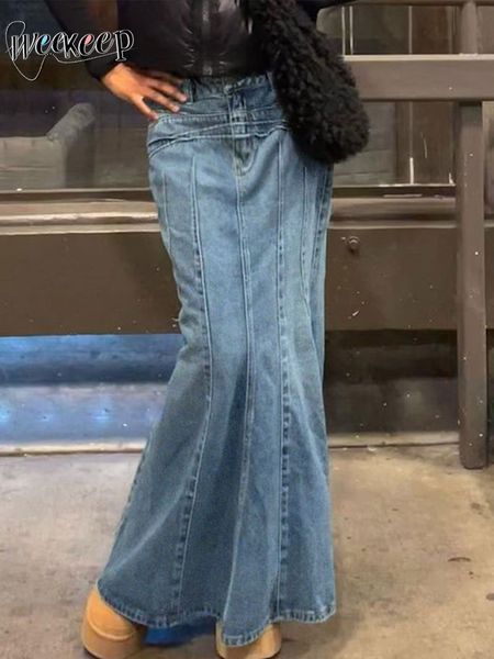 

skirts weekeep vintage denim long skirt fashion streetwear low rise jean midi harajuku casual women clothing y2k aesthetic basic 230420, Black