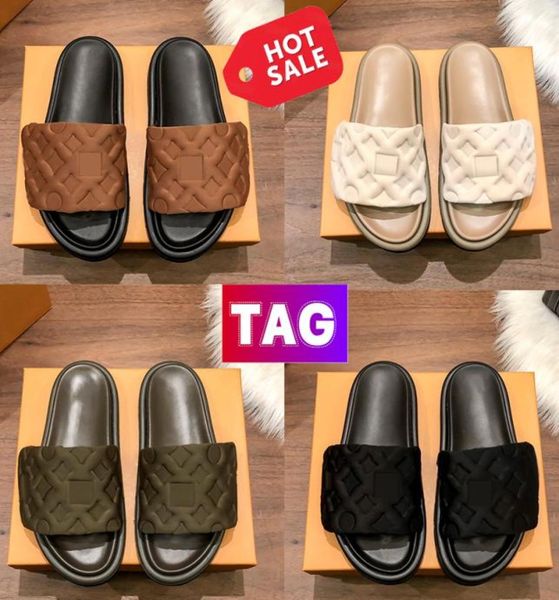 

pool pillow flat slippers embossed mules sandals designer slides men womens summer shoes nylon luxury beach slipper sandal triple 8073415, Black
