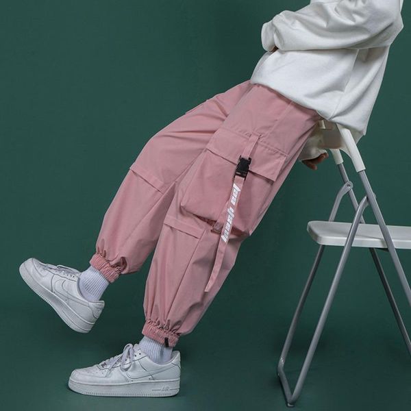 

pants men's side pockets cargo harem pants 2021 ribbons pink hip hop casual male joggers trousers fashion casual streetwear pants 5xl, Black