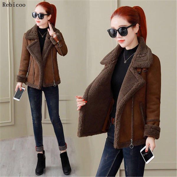 

fur women faux shearling sheepskin coat autumn lamb wool locomotive suede leather jacket warm thick short coats, Black